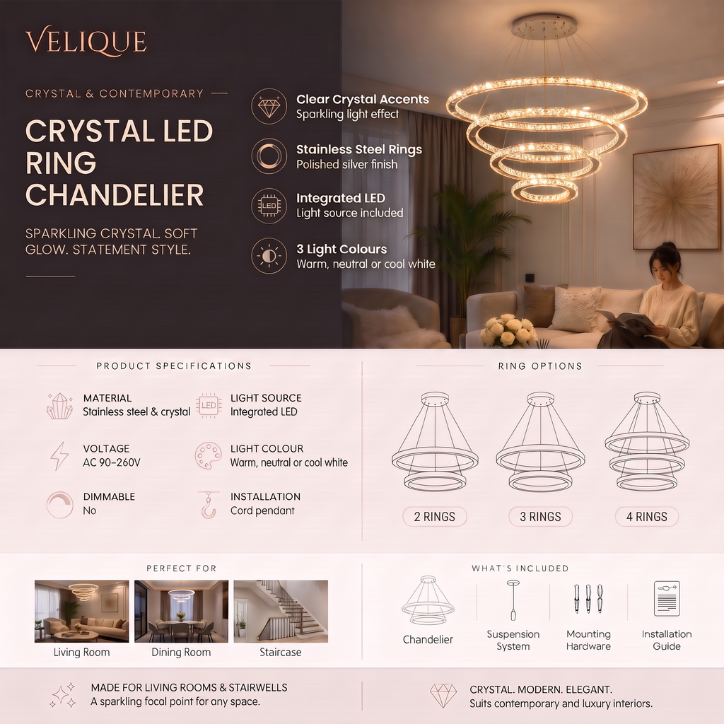 Velique Crystal LED Ring Chandelier infographic – crystal accents, 2, 3 or 4 ring options, light colours and what's included