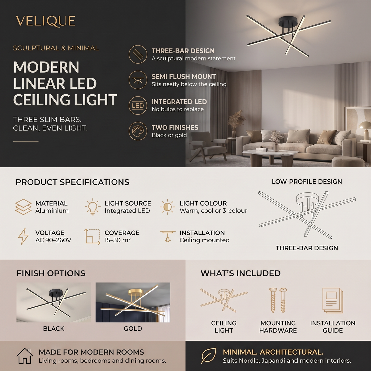 Velique Modern Linear LED Ceiling Light infographic – three-bar semi flush design, integrated LED, black or gold finish