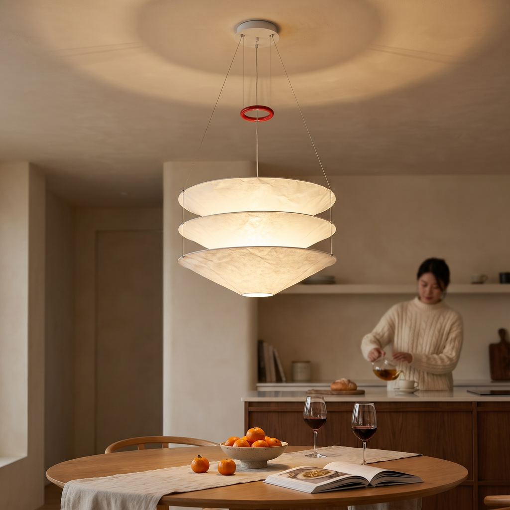 Layered paper pendant chandelier, 70 cm, glowing above a round oak dining table in a Japandi dining room