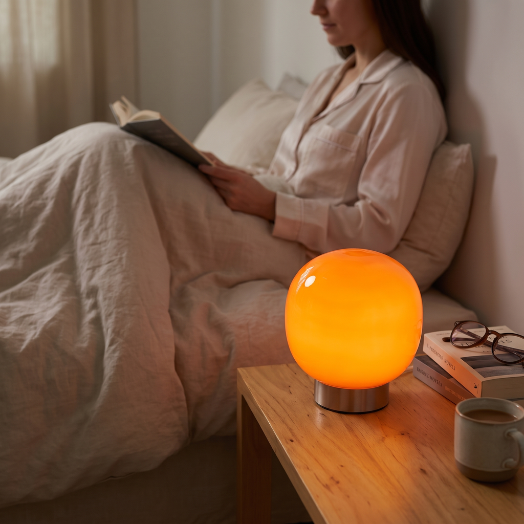 Orange glass globe table lamp glowing on an oak bedside table