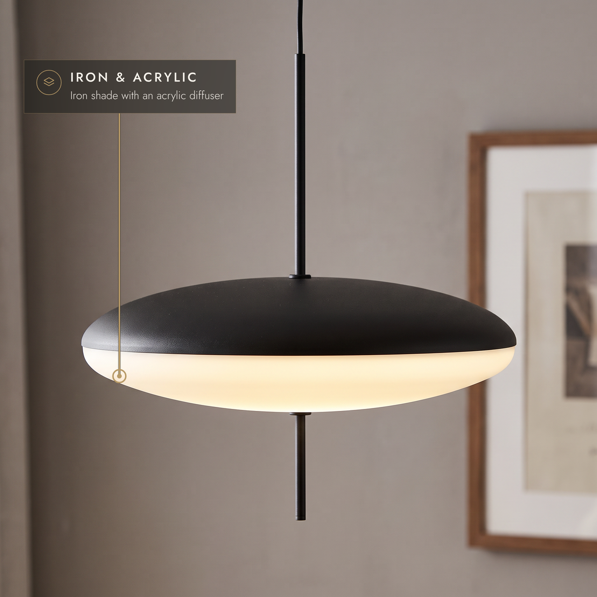 Close-up of the black and white disc pendant shade and central rod