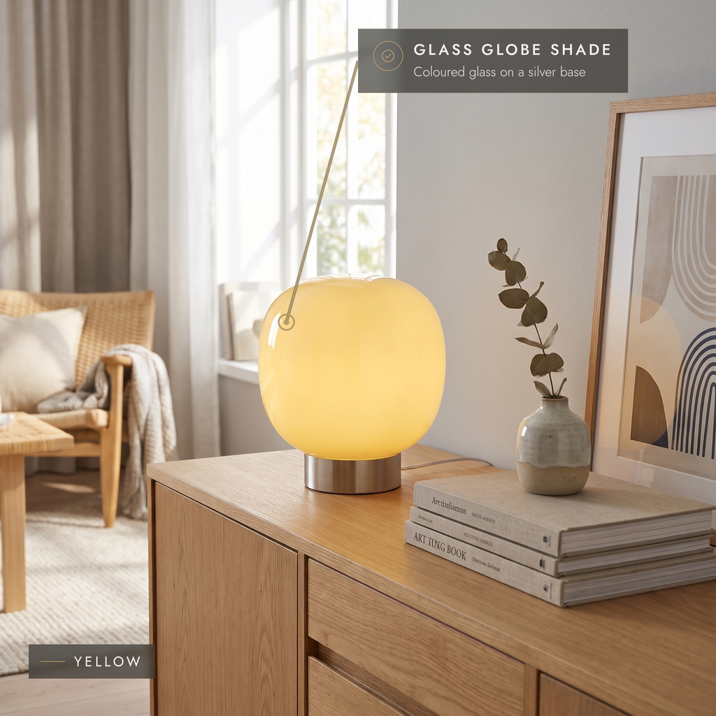 Yellow glass globe table lamp on an oak sideboard in a bright living room