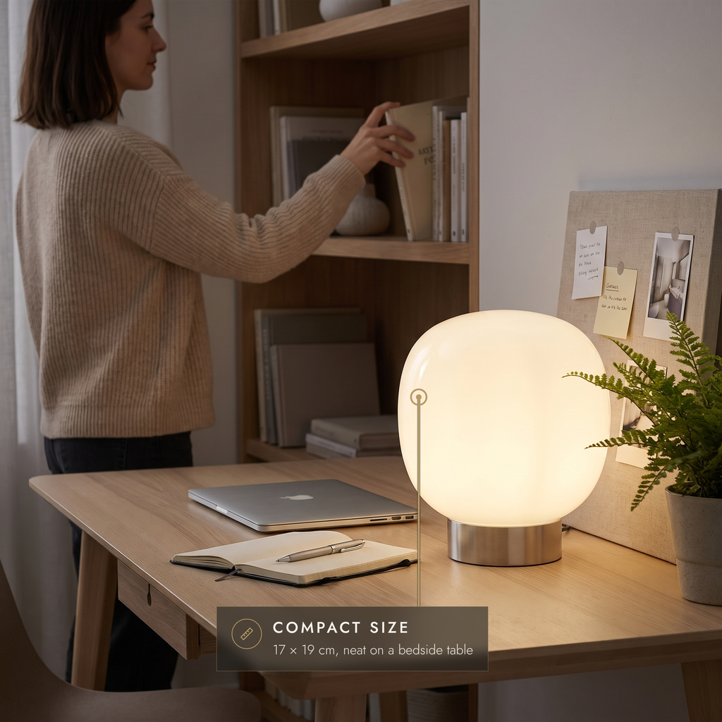 White glass globe table lamp on a home office desk