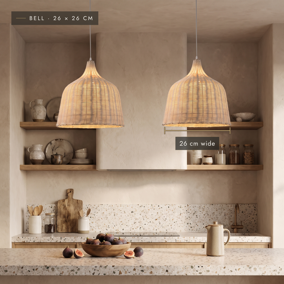 Two bell-shaped bamboo pendant lights above a terrazzo kitchen counter
