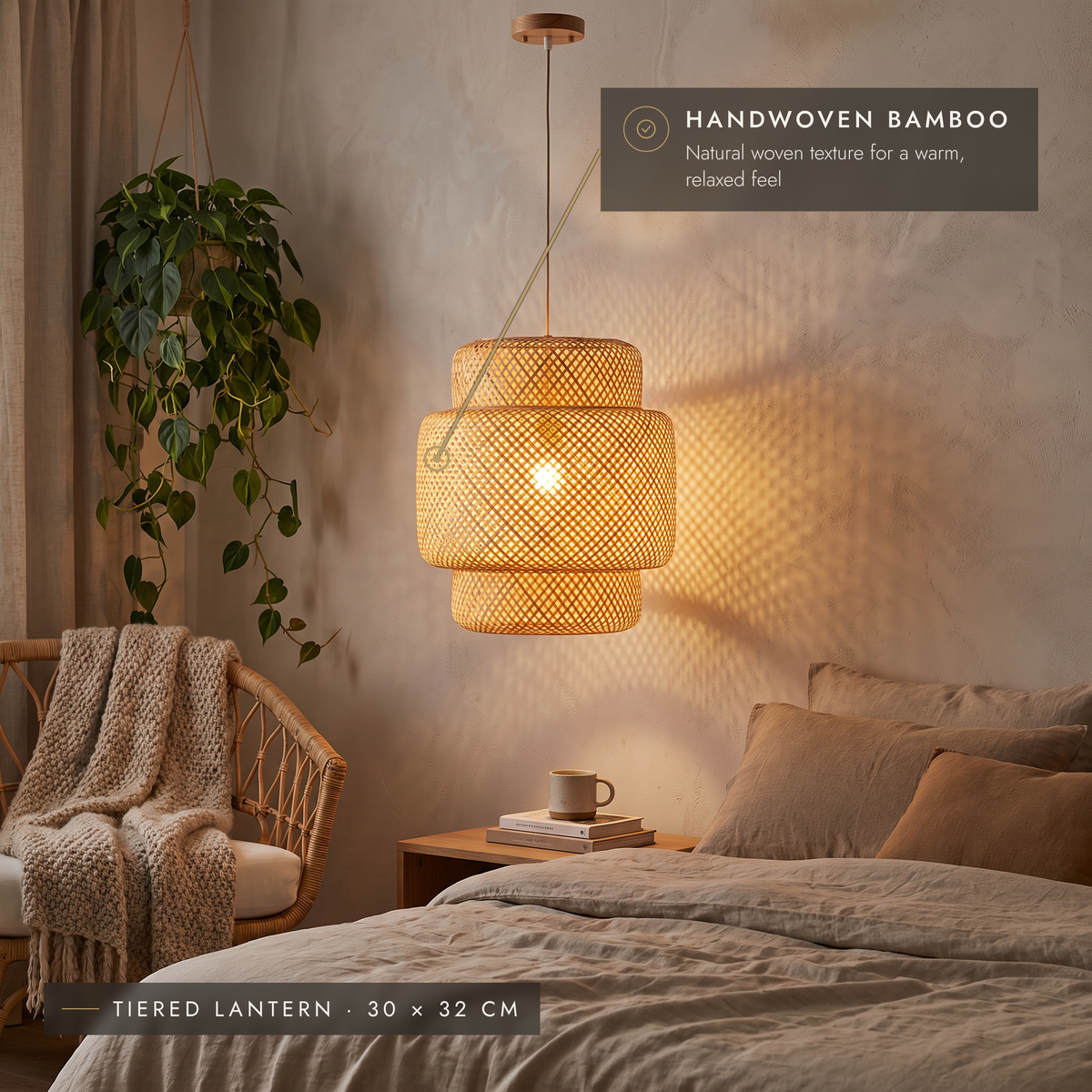Tiered lantern bamboo pendant light glowing beside a bed