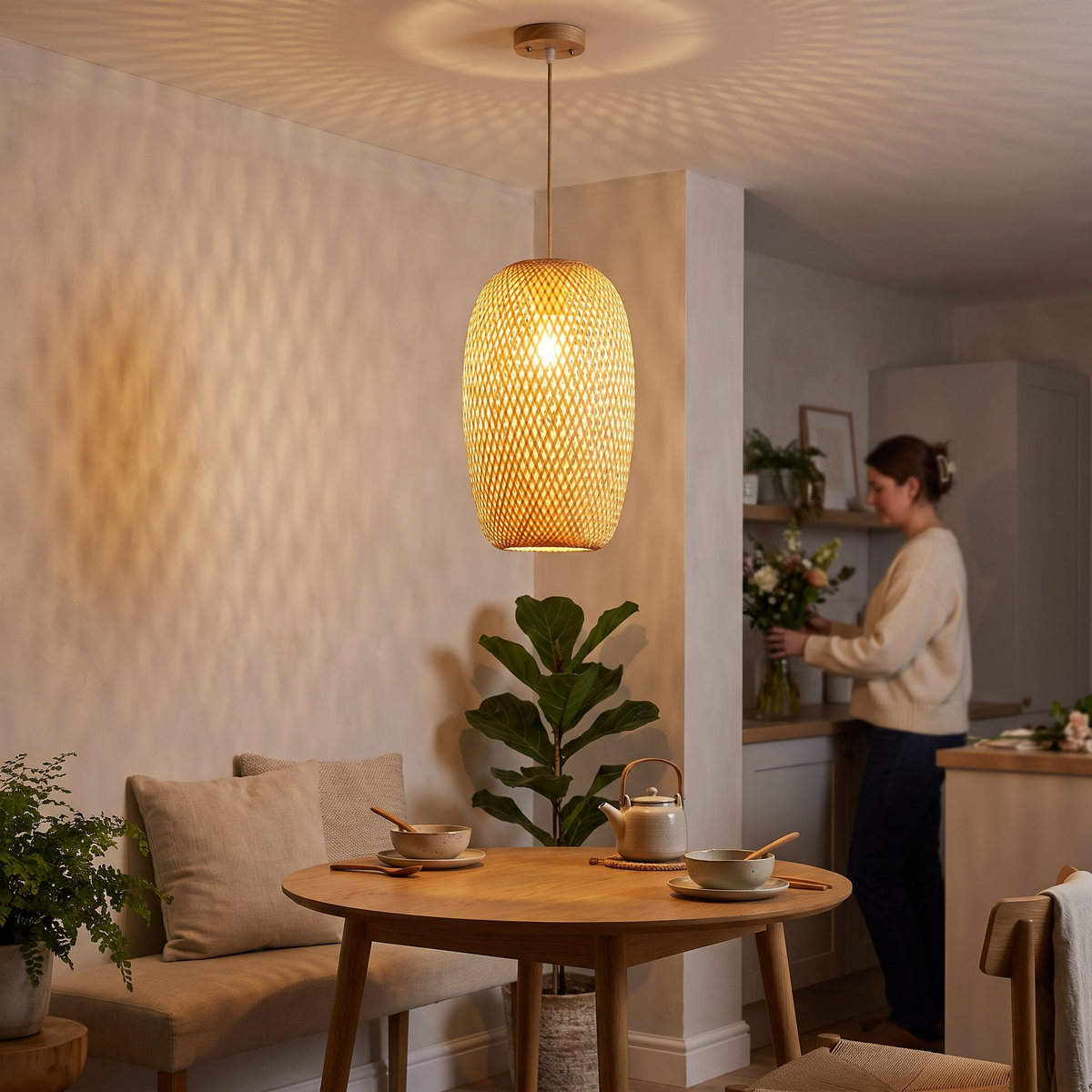 Oval woven bamboo pendant light above a round oak table in a Japandi breakfast nook
