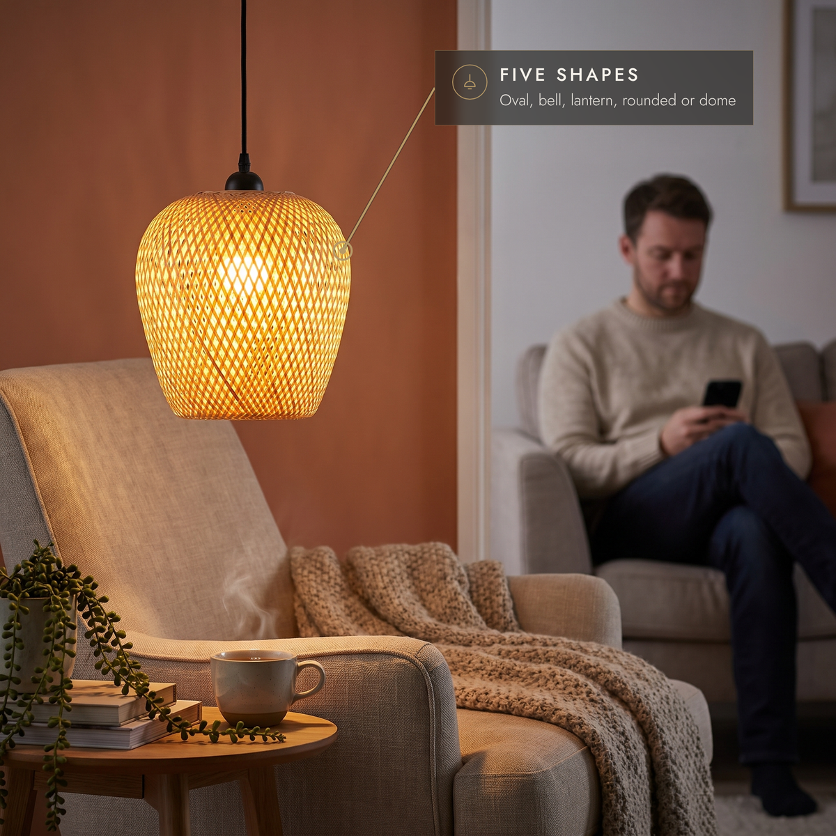 Rounded woven bamboo pendant light in a cosy reading corner