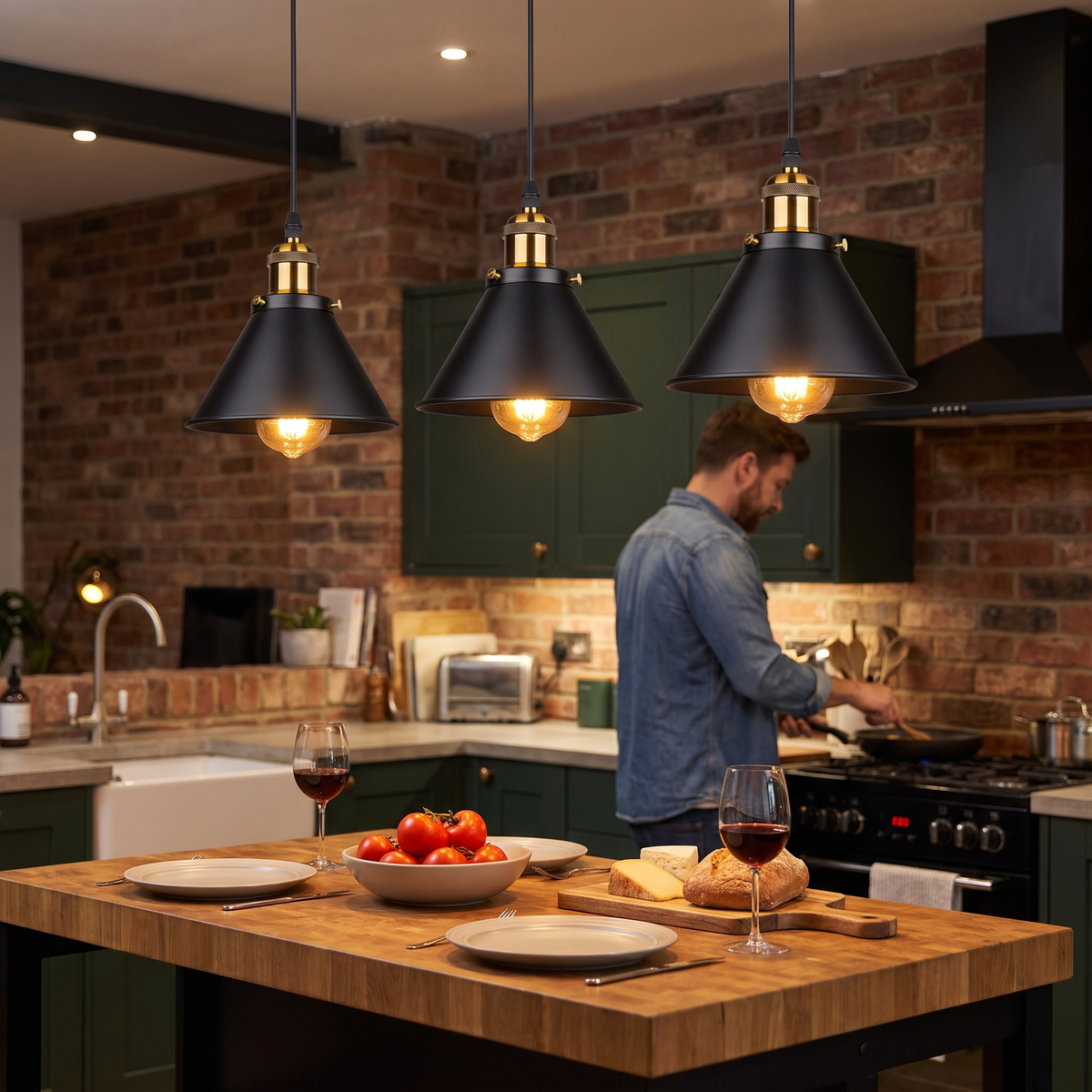 Three black industrial cone pendant lights above a butcher-block kitchen island