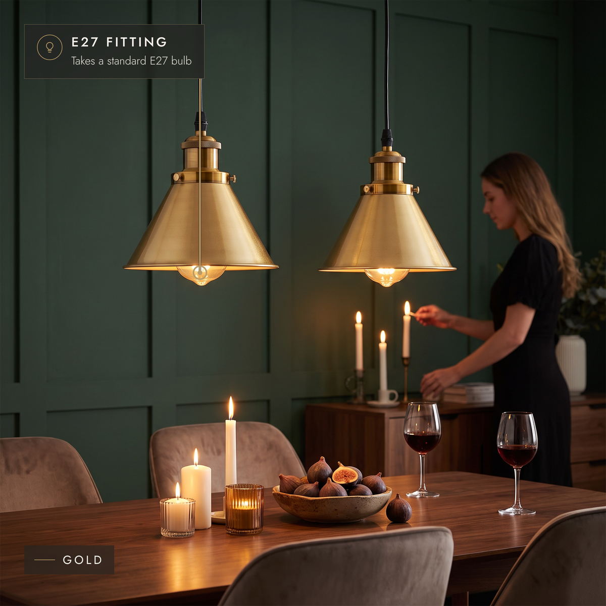Two gold cone pendant lights above a walnut dining table
