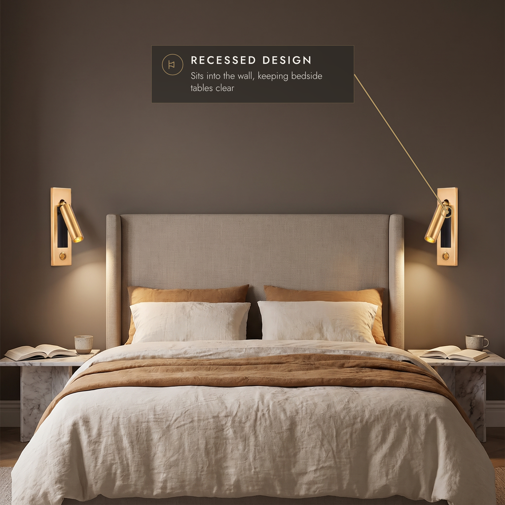 Pair of gold recessed bedside reading lights either side of a bed