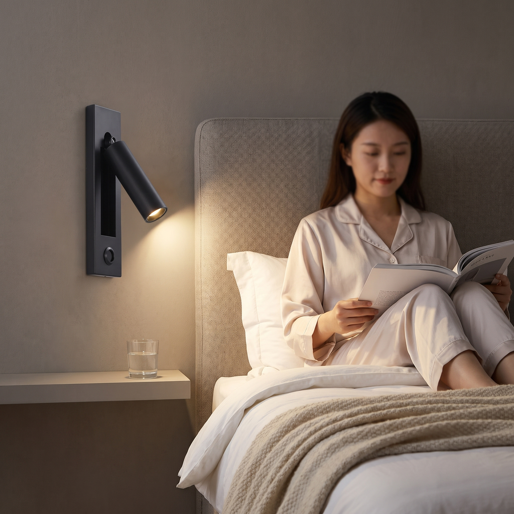 Black recessed wall reading light angled over a book beside the bed