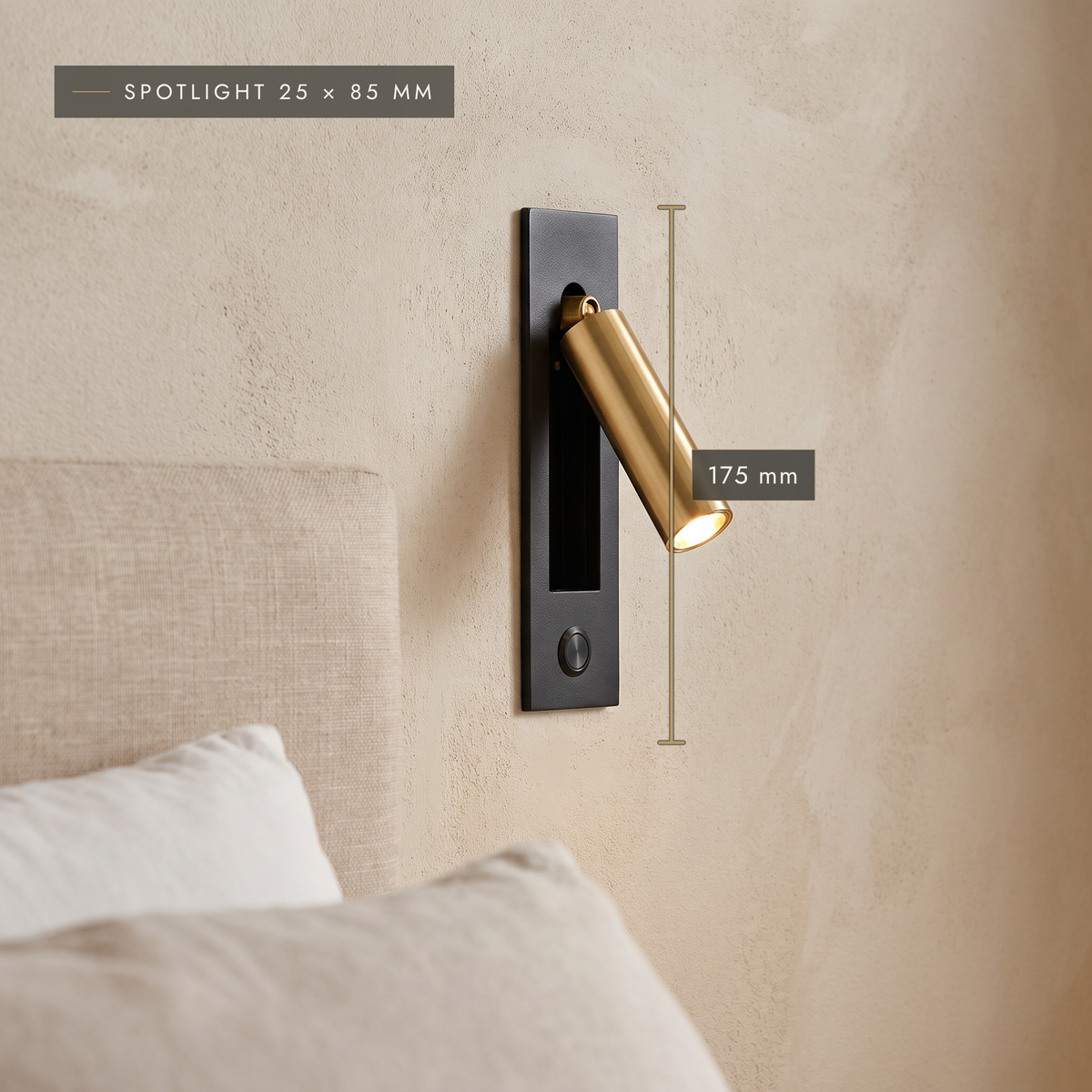 Close-up of the black and gold wall reading light with folding spotlight and touch button