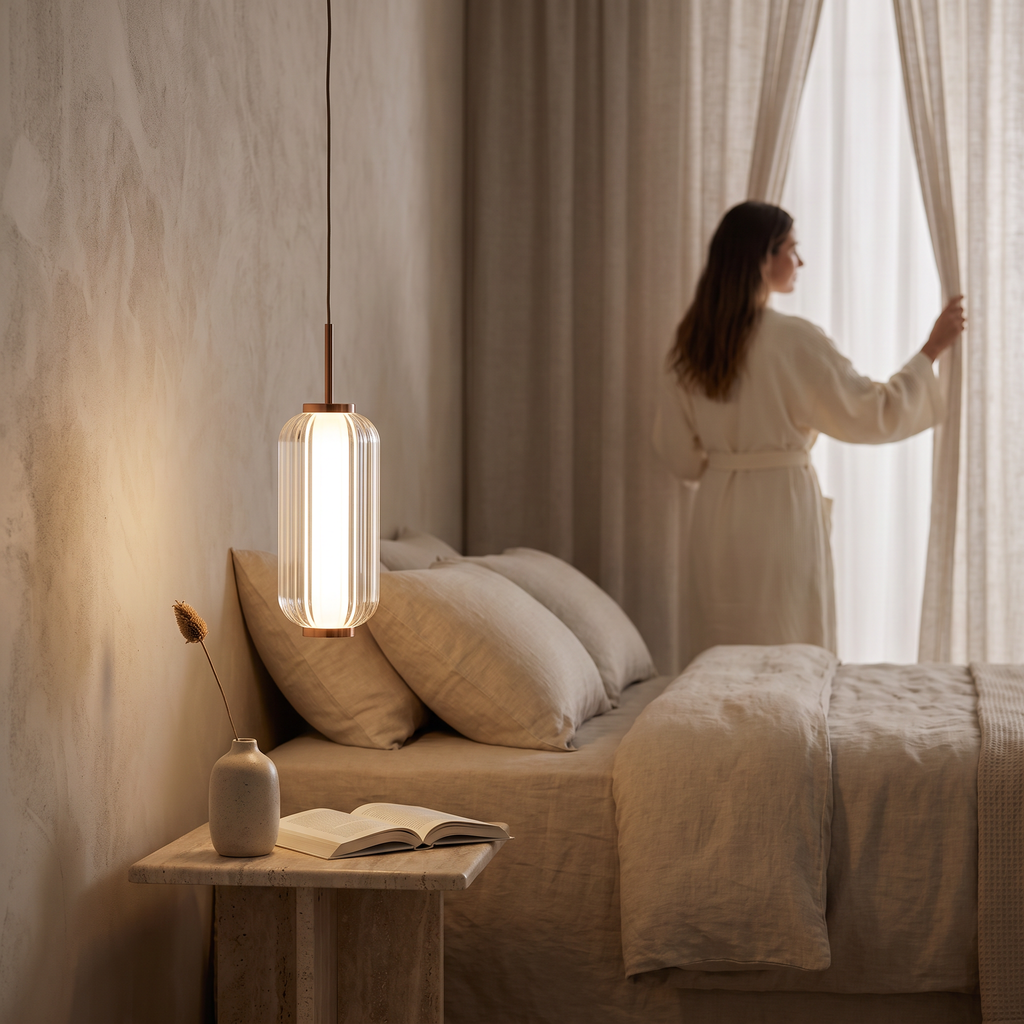 Single ribbed LED pendant with copper finish hanging beside a bed