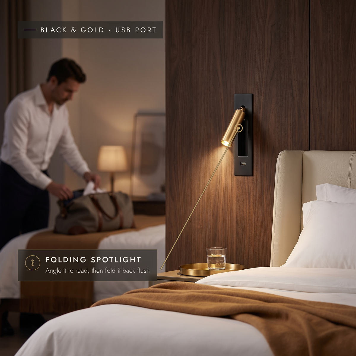 Black and gold recessed wall reading light in a walnut-panelled bedroom