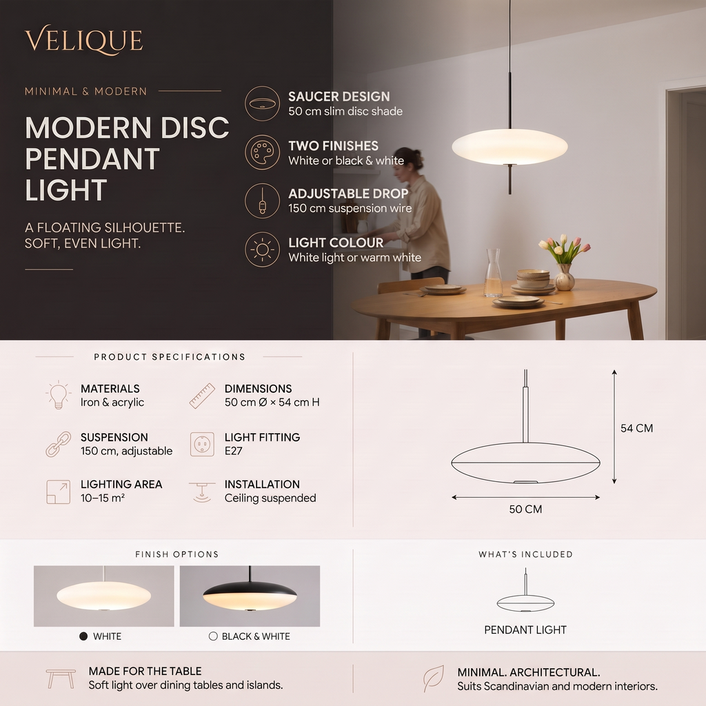 Velique Modern Disc Pendant Light infographic – 50 cm saucer design, finishes, specifications and dimensions