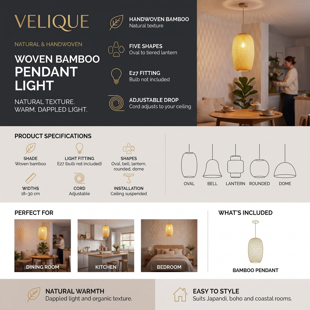 Velique Woven Bamboo Pendant Light infographic – five shapes, E27 fitting, specifications and room ideas