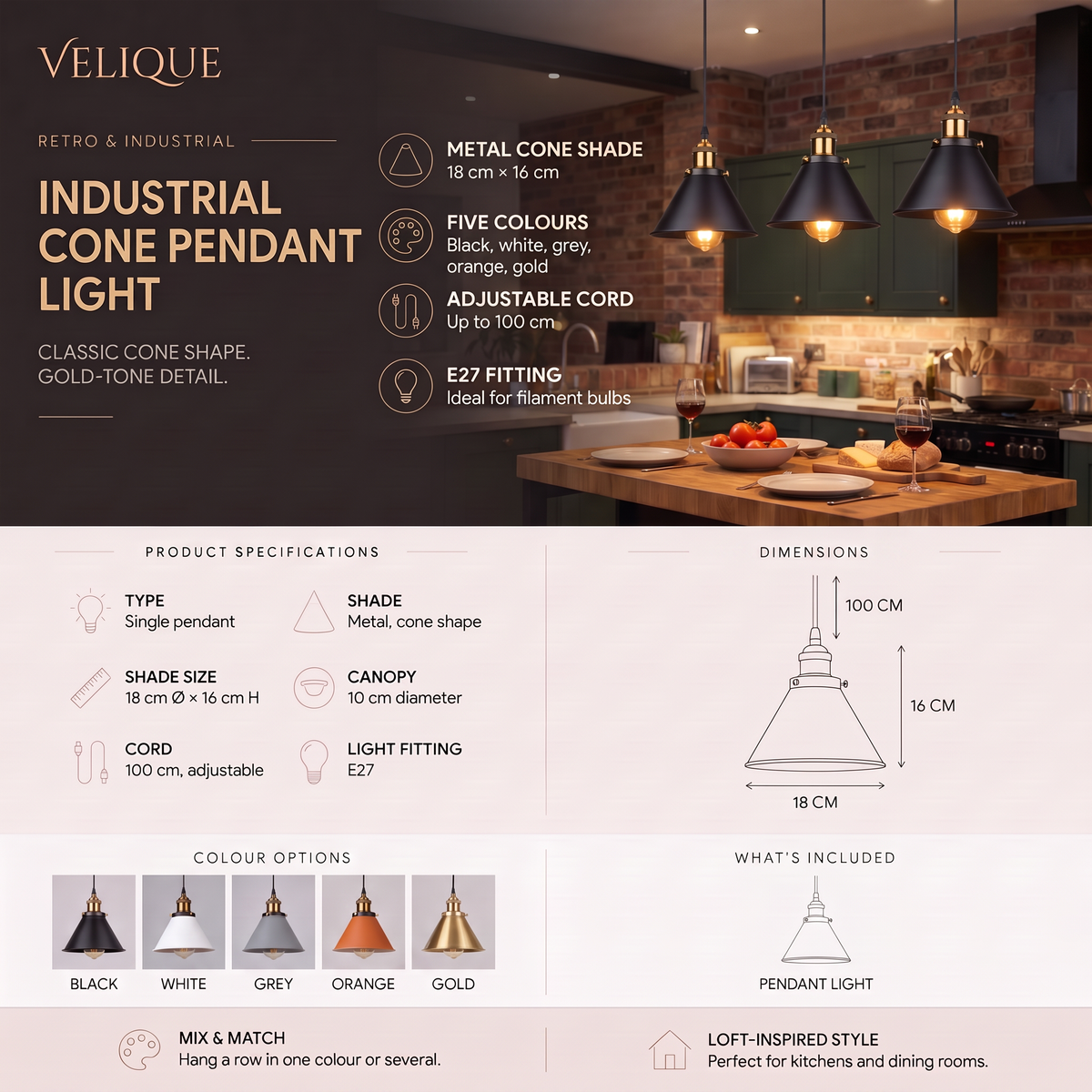 Velique Industrial Cone Pendant Light infographic – five colours, 18 cm metal shade, dimensions and specifications