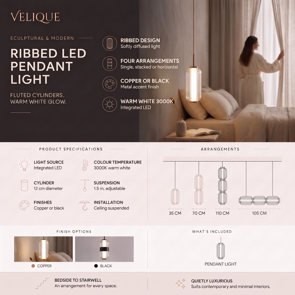 Velique Ribbed LED Pendant Light infographic – four arrangements, copper or black finish, 3000K warm white