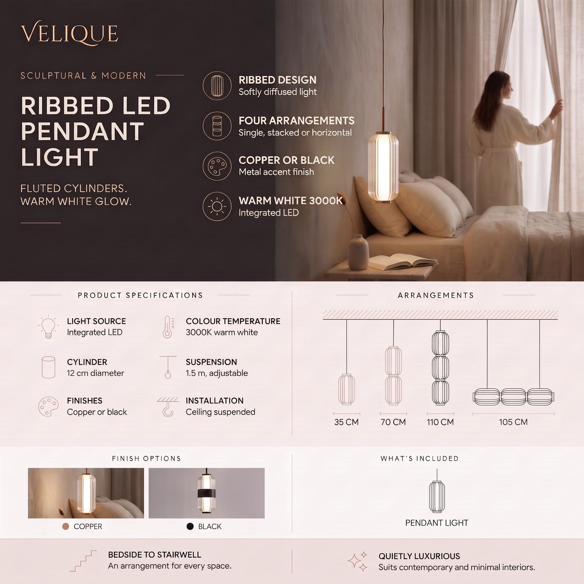 Velique Ribbed LED Pendant Light infographic – four arrangements, copper or black finish, 3000K warm white