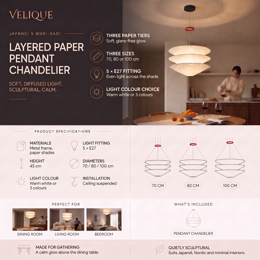 Velique Layered Paper Pendant Chandelier infographic – three paper tiers, 70, 80 or 100 cm, 5 × E27, specifications