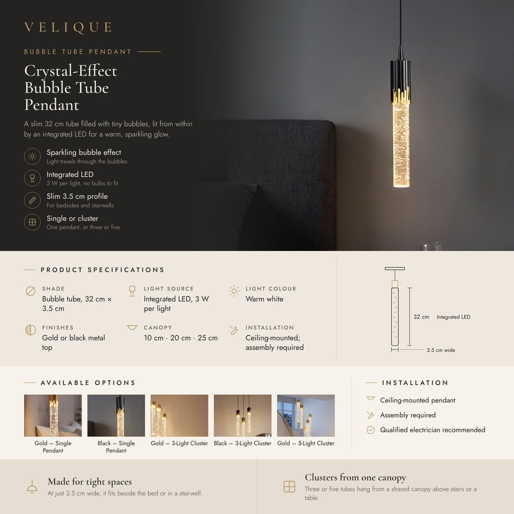 Velique bubble tube pendant light infographic – features, specifications and options