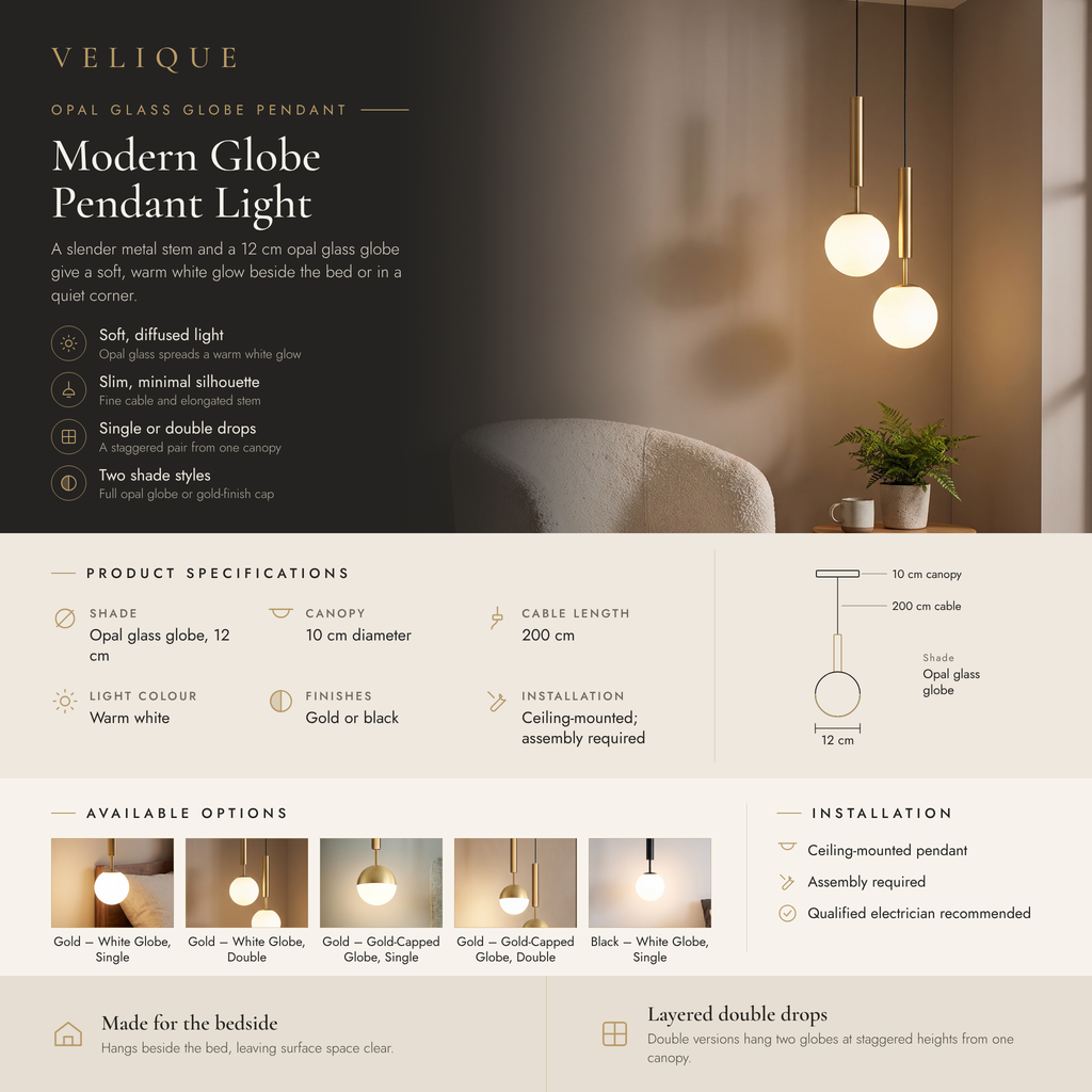 Velique modern globe pendant light infographic – features, specifications and options