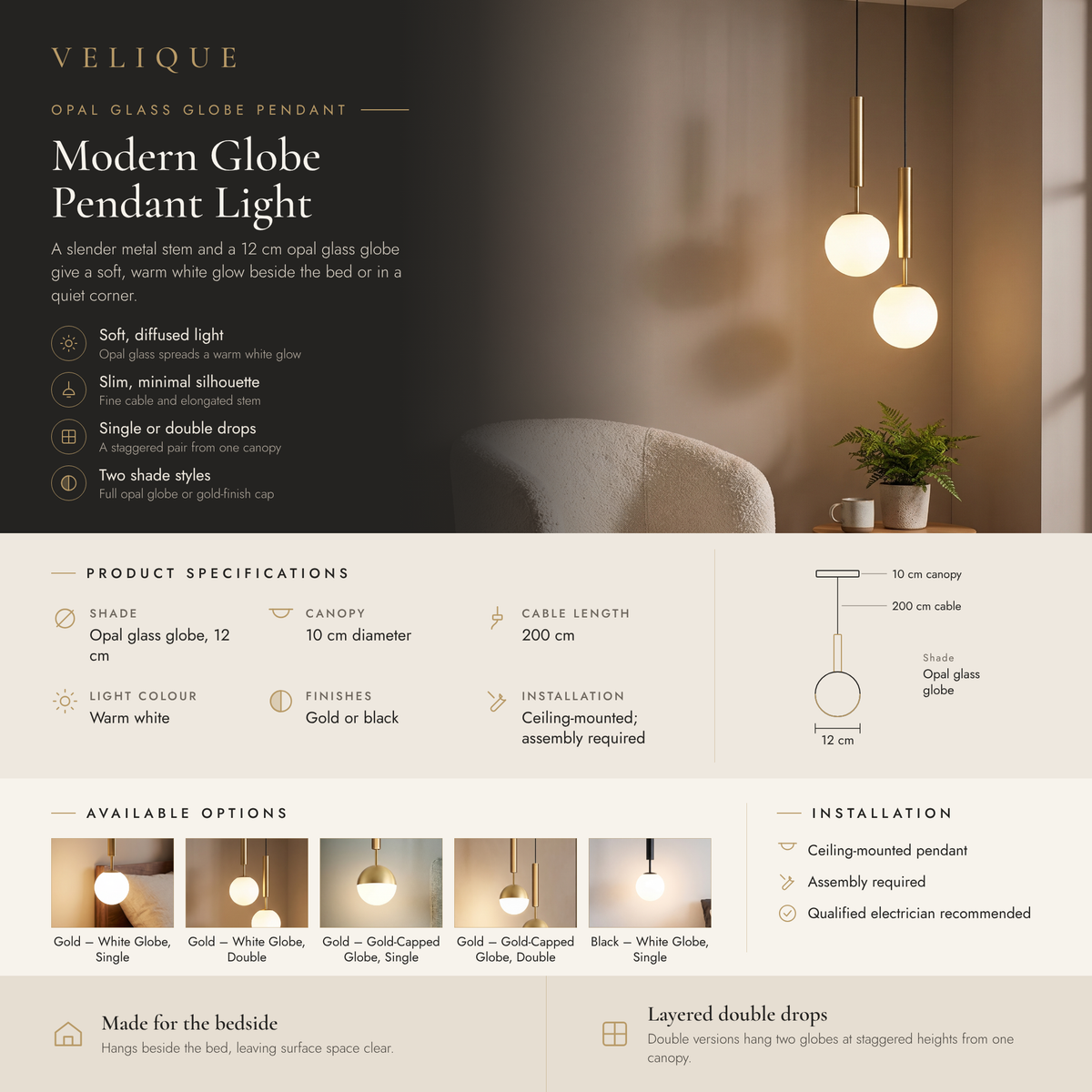 Velique modern globe pendant light infographic – features, specifications and options