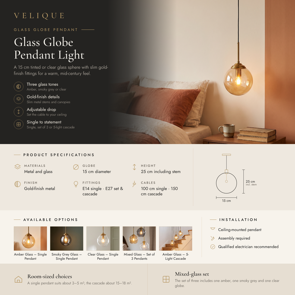 Velique glass globe pendant light infographic – features, specifications and options