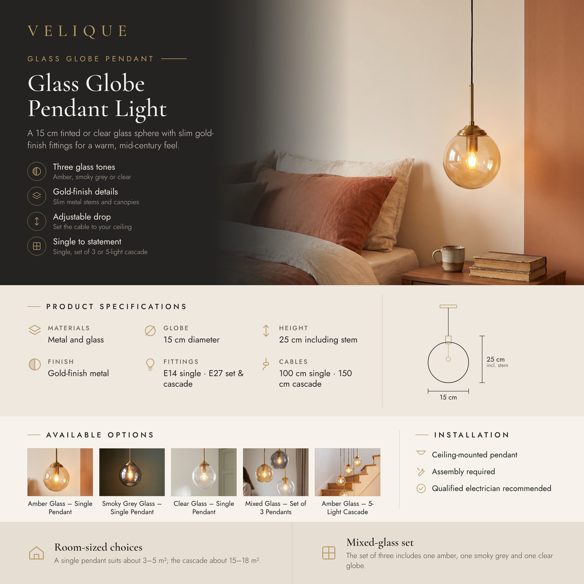 Velique glass globe pendant light infographic – features, specifications and options