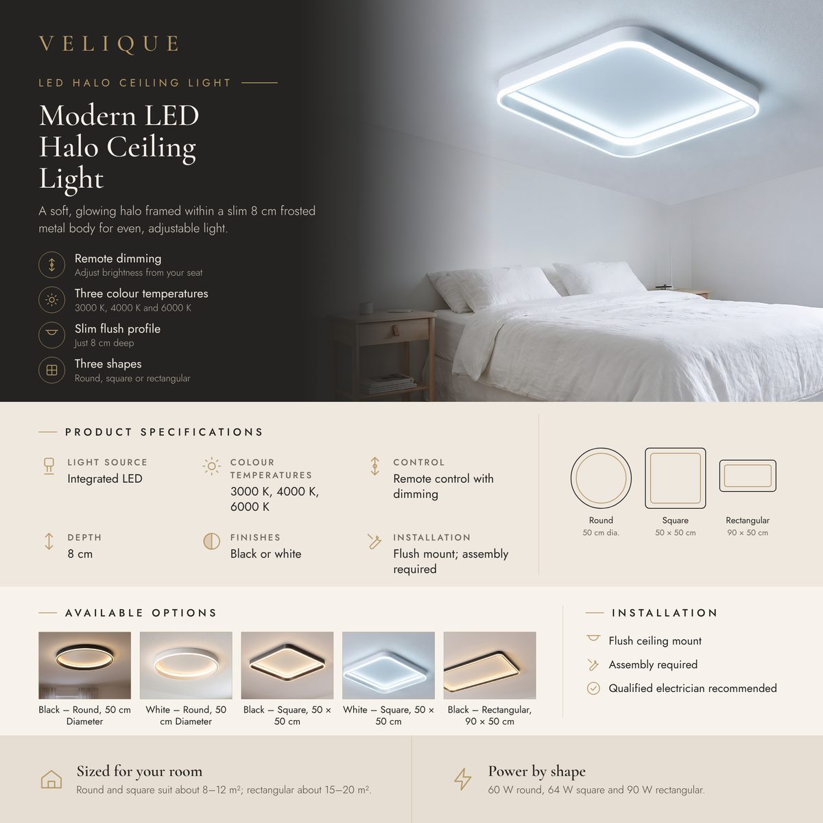 Velique LED halo ceiling light infographic – features, specifications and shapes