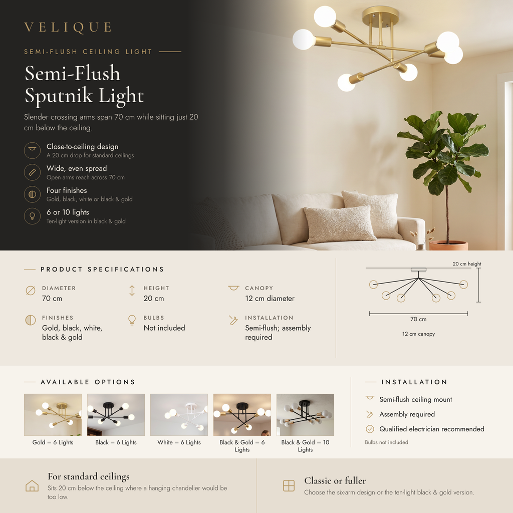 Velique semi-flush Sputnik ceiling light infographic – features, specifications and options