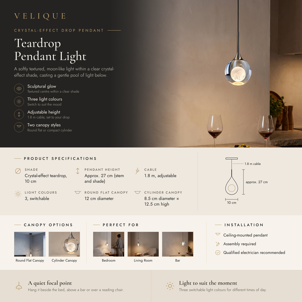 Velique teardrop pendant light infographic – features, specifications and canopy options