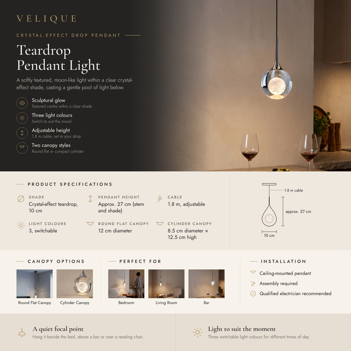 Velique teardrop pendant light infographic – features, specifications and canopy options