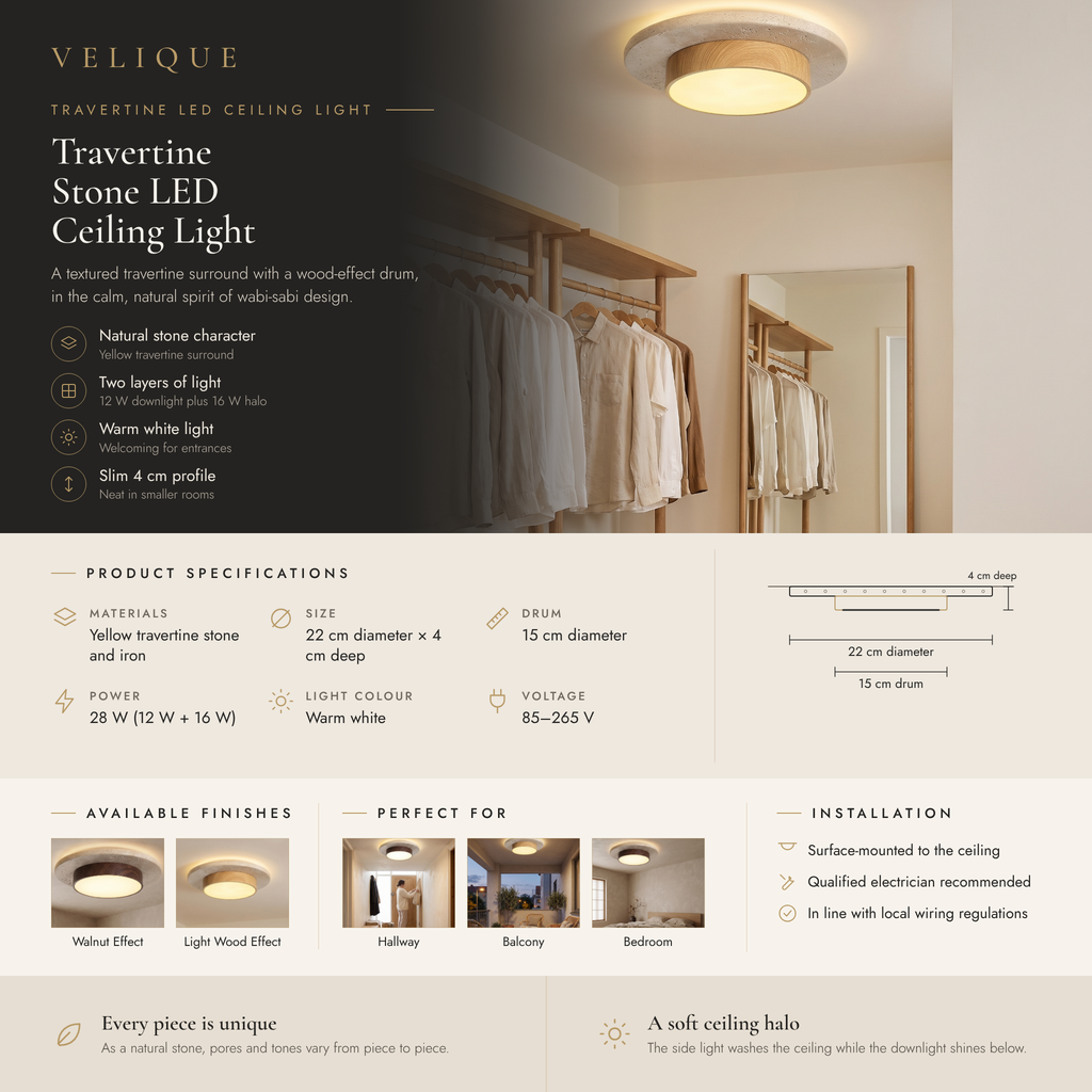 Velique travertine LED ceiling light infographic – features, specifications and finishes