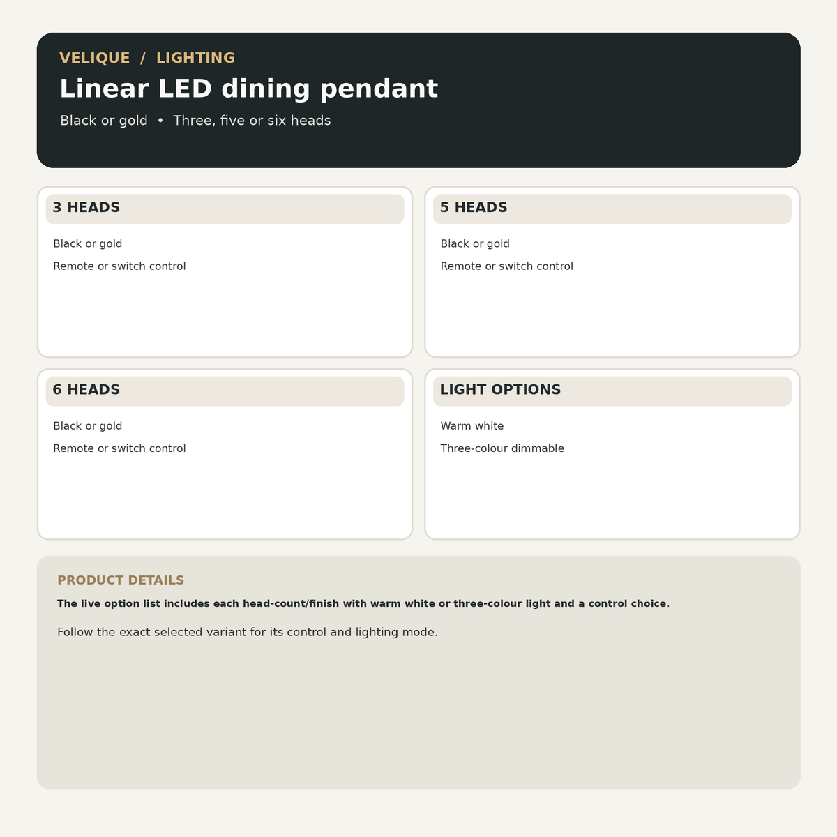 Linear LED dining pendant guide showing black or gold 3, 5 or 6 head options with lighting and control choices
