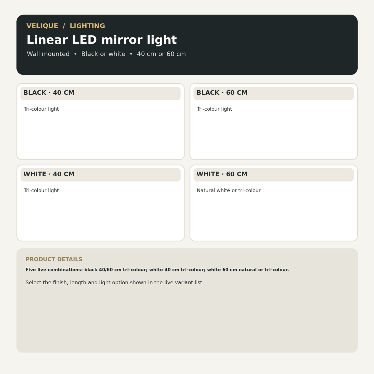 Linear LED mirror light guide showing five live black or white, 40 or 60 cm and light mode combinations