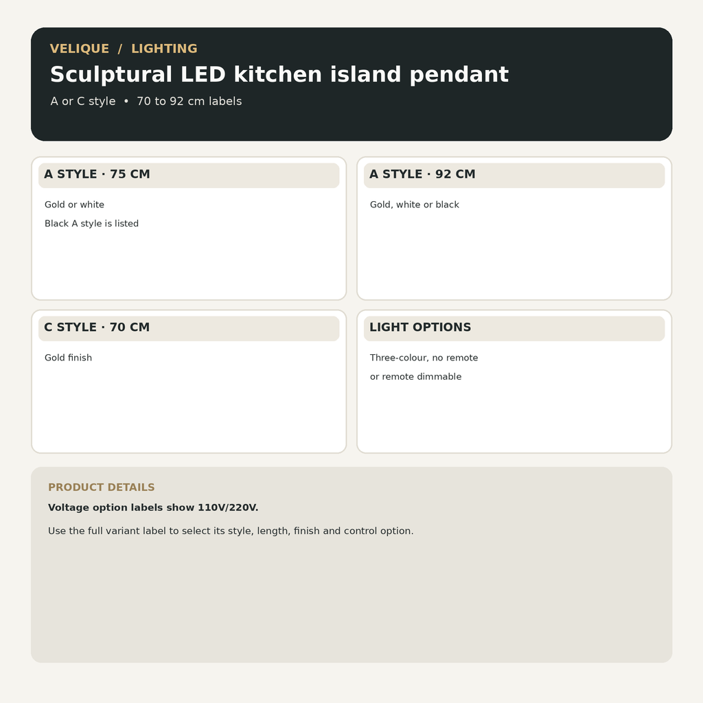 Sculptural LED kitchen pendant guide showing A or C styles, listed sizes, finishes, voltage label and lighting controls