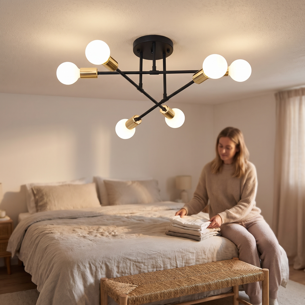 Black and gold semi-flush Sputnik ceiling light with six lights in a bedroom