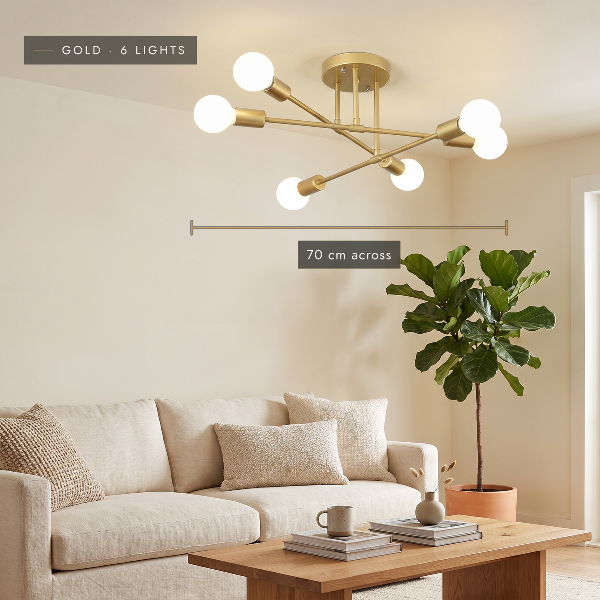 Gold semi-flush Sputnik ceiling light, 70 cm across, in a living room