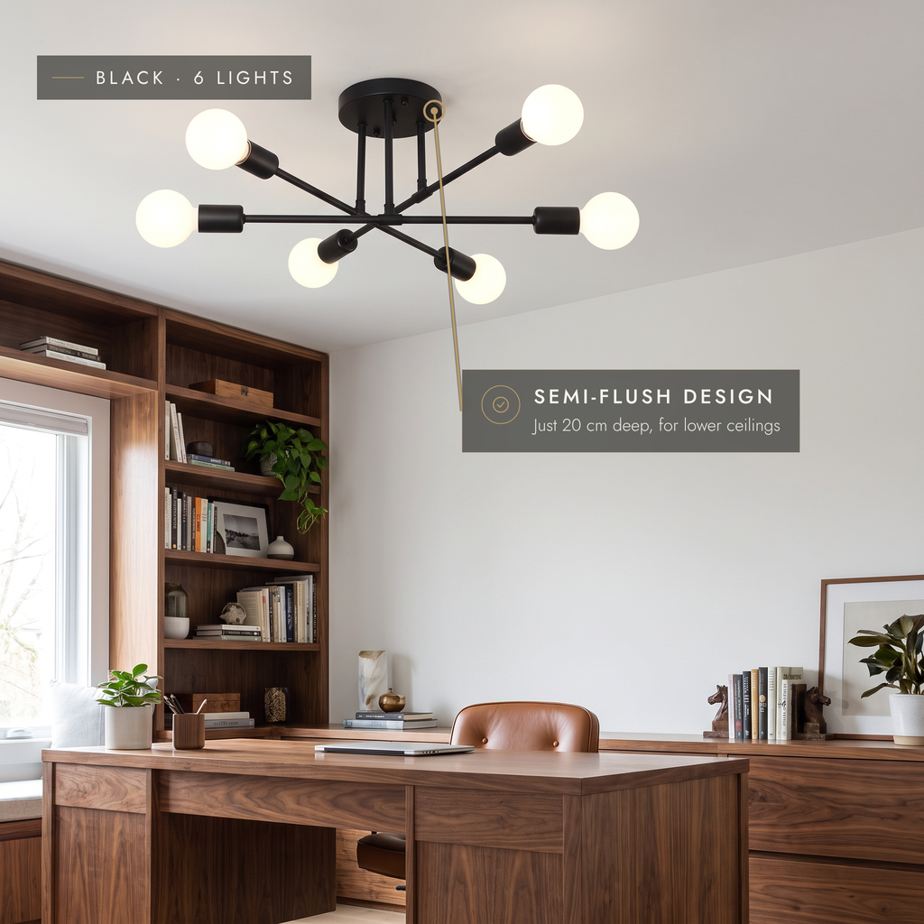 Black semi-flush Sputnik ceiling light in a home office