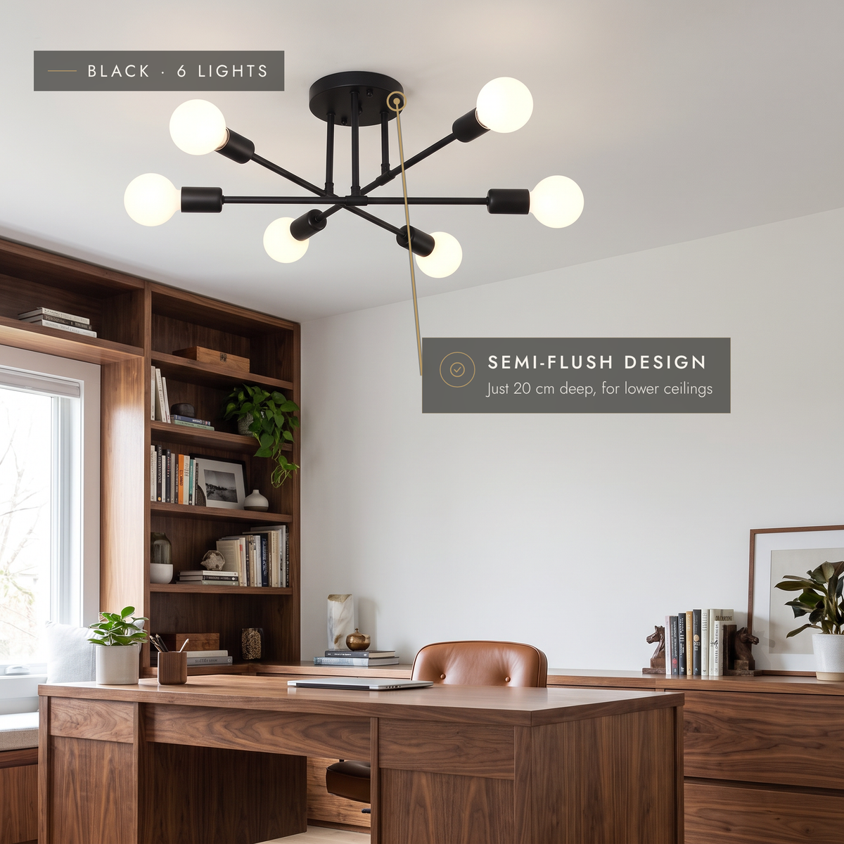 Black semi-flush Sputnik ceiling light in a home office
