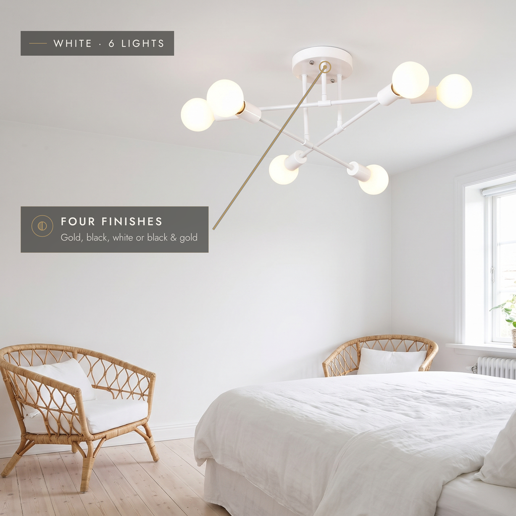 White semi-flush Sputnik ceiling light in a bright bedroom