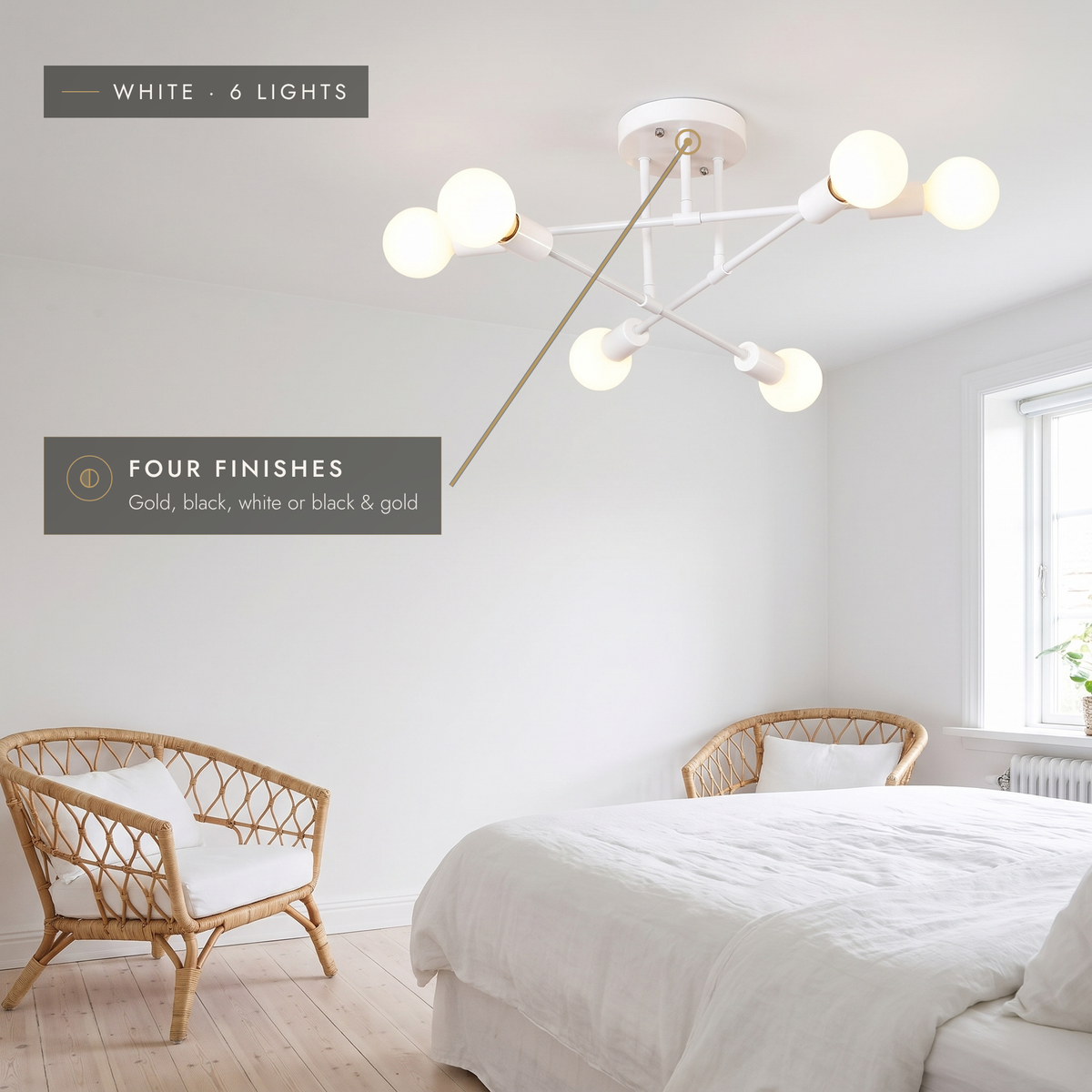 White semi-flush Sputnik ceiling light in a bright bedroom