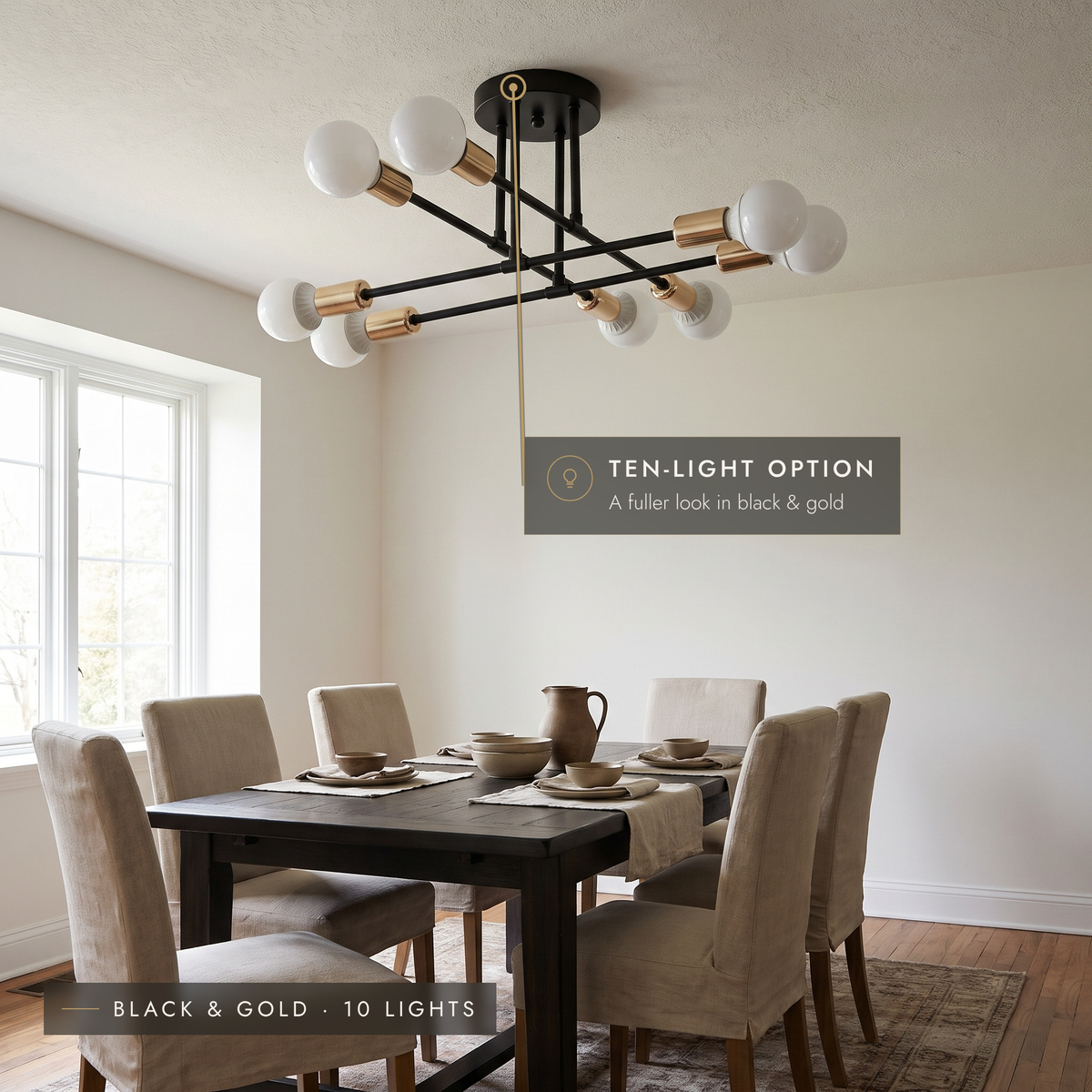 Black and gold ten-light semi-flush Sputnik ceiling light above a dining table