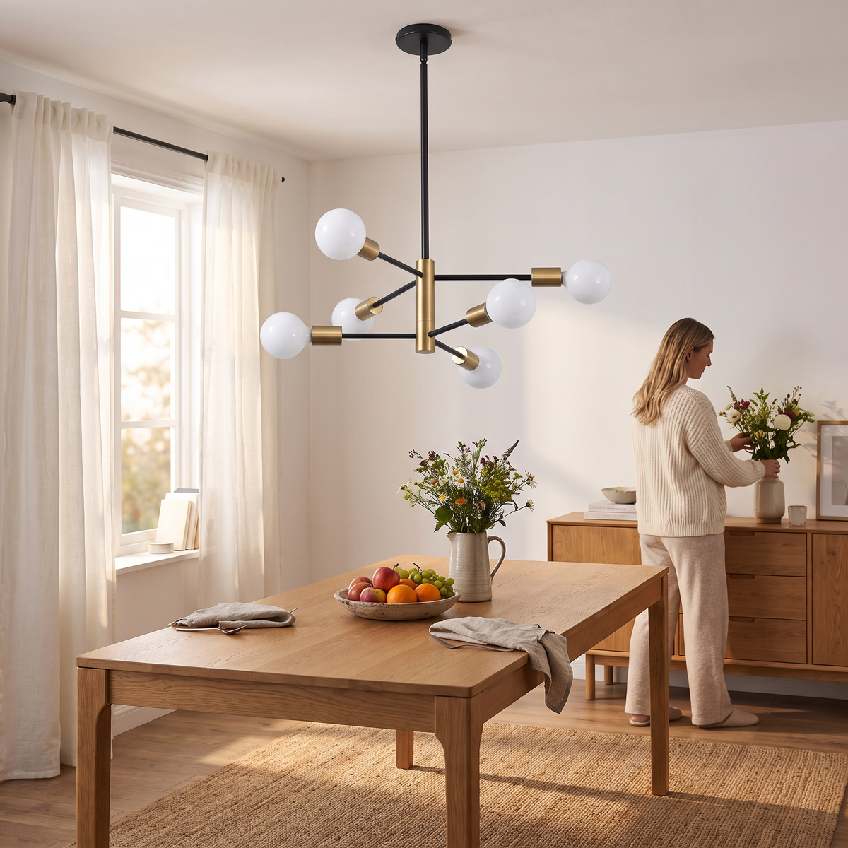Black and gold Sputnik chandelier above a dining table