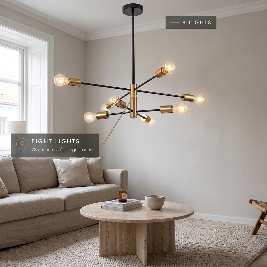 Eight-light Sputnik chandelier in a living room