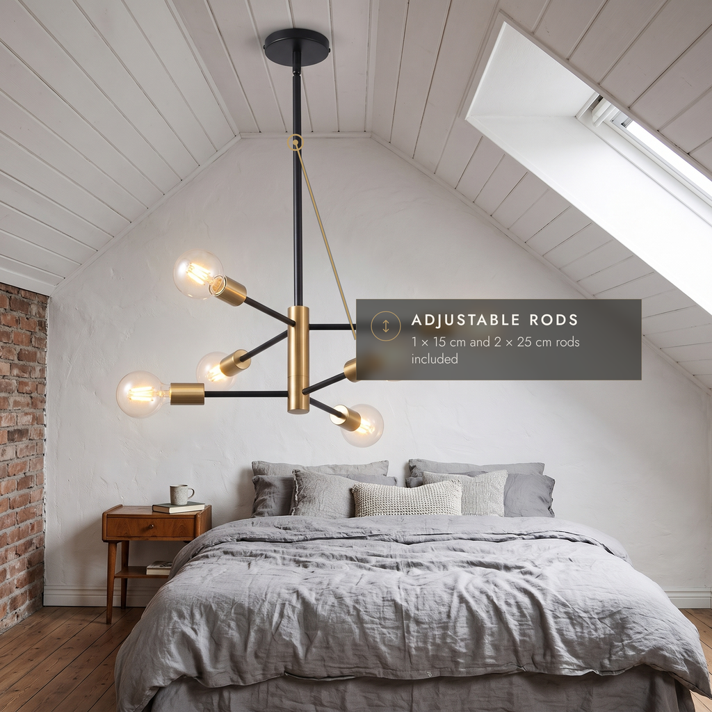 Sputnik chandelier with adjustable rods in an attic bedroom
