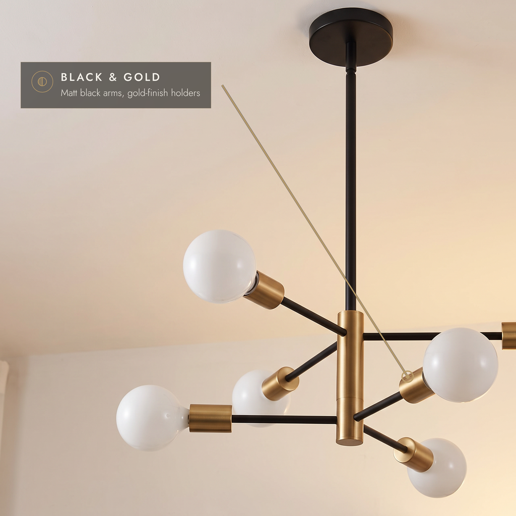 Close-up of the matt black arms and gold-finish holders on the Sputnik chandelier