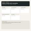 Spiral crystal LED chandelier guide listing the ten live length and height options with warm or cool light and no remote