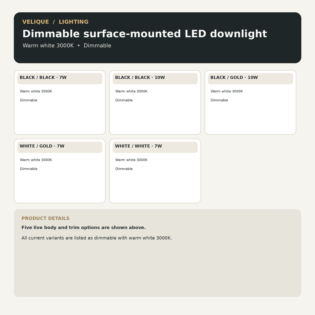 Surface-mounted LED downlight guide showing five live body and trim colour combinations with wattage and warm white 3000K